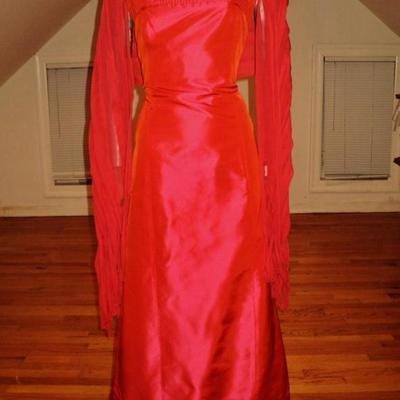 Vtg Haute Couture Carolina Herrera Runway silk shantung gown fringed large shawl