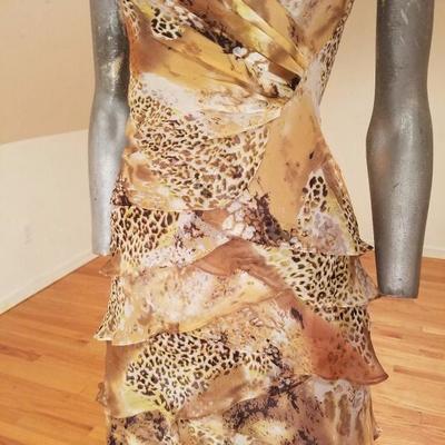 JS Boutique silk chiffon layered ruffle gown draped plunge cross neck line
