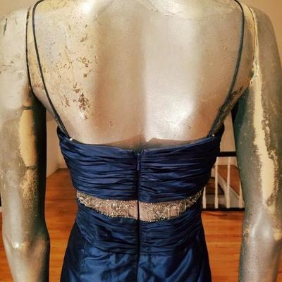 Vtg Badgley Mischka silk Cobalt blue empire shirred evening gown embellished