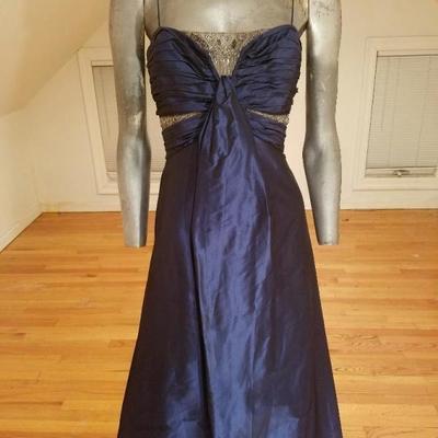 Vtg Badgley Mischka silk Cobalt blue empire shirred evening gown embellished