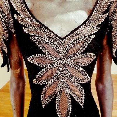 Vtg silk Mermaid gown fully beaded with onyx & silver glass beads 