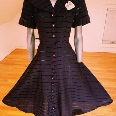 Vtg 1950's full sweep designer dress navy open twill bakelite buttons