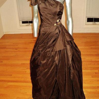 Vtg Jovani couture silk shantung single shoulder bead detail ball gown cocoa 