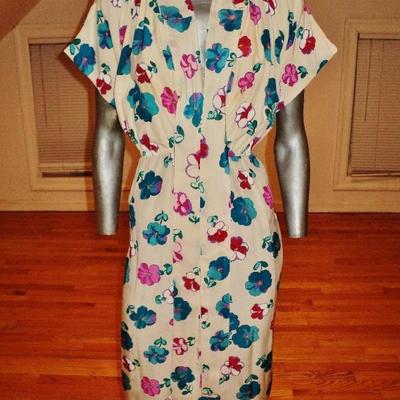 Vtg 1940's silk floral garden wiggle dress elastic waist tie scarf