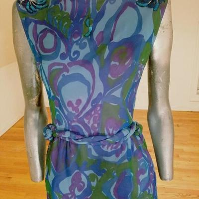 Vtg 1050's silk screen silk chiffon wiggle dress Lord & Taylor Metal zipper 