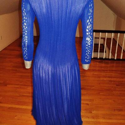 Vtg Royal blue w/ lavender cutout designer dress pencil pleats crepe 