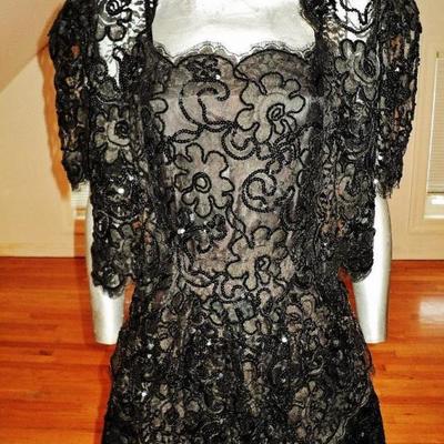 Vintage French Guipure lace shirred gown/Bolero jacket velour ruffle panels