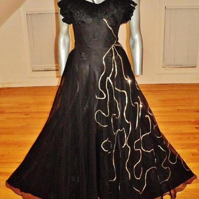 Vtg 1930's voile ruffled ball gown single strap sequins layers 