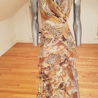 JS Boutique silk chiffon layered ruffle gown draped plunge cross neck line