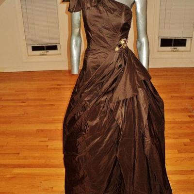 Vtg Jovani couture silk shantung single shoulder bead detail ball gown cocoa 