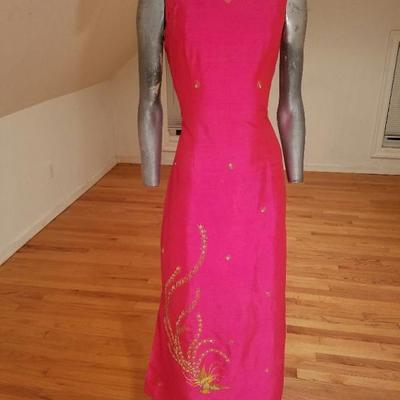 Vtg Cheongsam Silk high slit maxi gold Phoenix embroidery