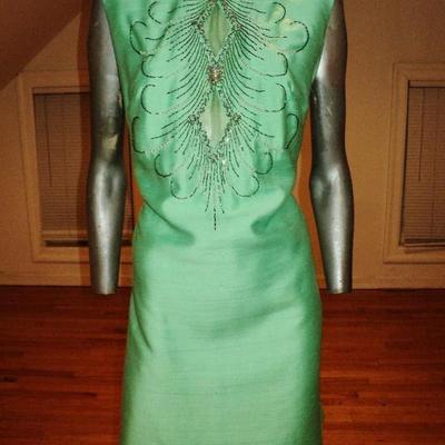 Vtg 1950's embellished silk shantung Cheongsam dress lined metal zipper