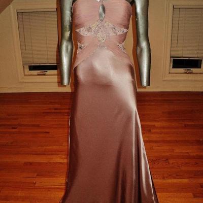 Vtg lavender silk couture halter gown shirred chiffon Train embellished