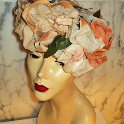 Vtg 1940's Toque hat Millinery silk/velour flowers satin lined