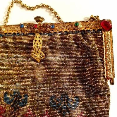 Antique Edwardian French Jeweled micro beaded gilded bag w/ fringes