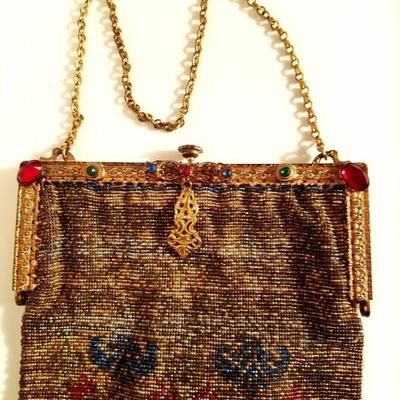 Antique Edwardian French Jeweled micro beaded gilded bag w/ fringes