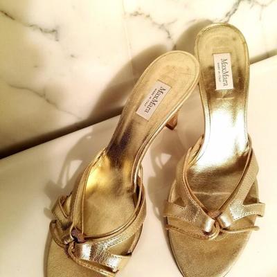 Vintage Max Mara  Runway Gold leather heeled mules open back 