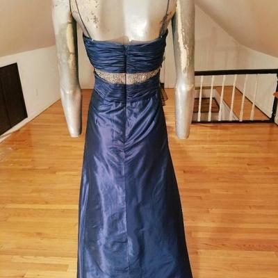 Vtg Badgley Mischka silk Cobalt blue empire shirred evening gown embellished