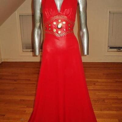  1960's Limited Edition Mr. Boots halter red liquid leather maxi dress gold loops