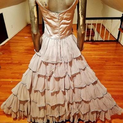 Vtg Monirs Couture design silver grey silk layered ruffled gown Crystal straps