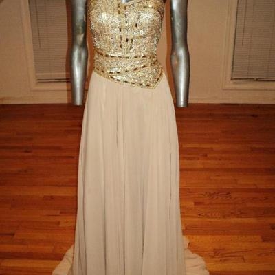 Vtg Terani Couture strapless gold embellished maxi trumpet pleted gown