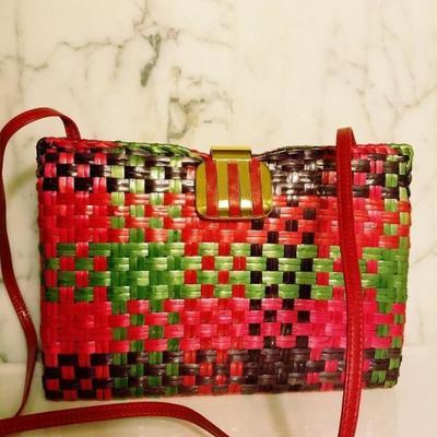 Rodo Italy multi color painted wicker/leather hand/shoulder runway bag