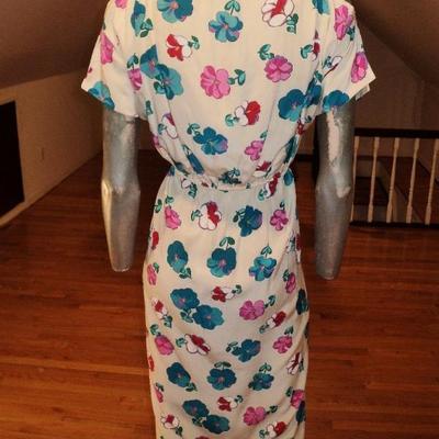 Vtg 1940's silk floral garden wiggle dress elastic waist tie scarf