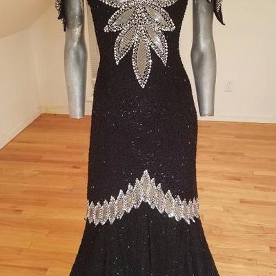 Vtg silk Mermaid gown fully beaded with onyx & silver glass beads 