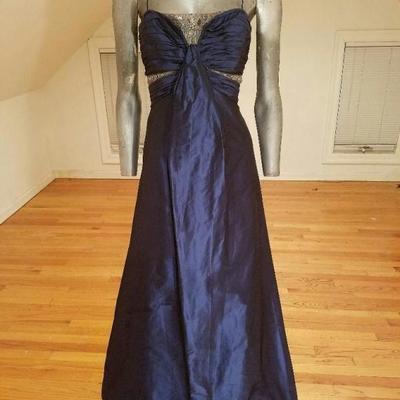 Vtg Badgley Mischka silk Cobalt blue empire shirred evening gown embellished