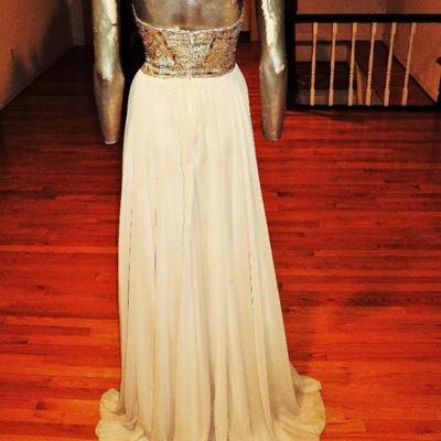 Vtg Terani Couture strapless gold embellished maxi trumpet pleted gown