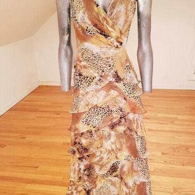 JS Boutique silk chiffon layered ruffle gown draped plunge cross neck line