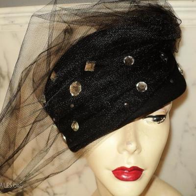 Vtg 1950's fascinator Breton wool felt hat stones