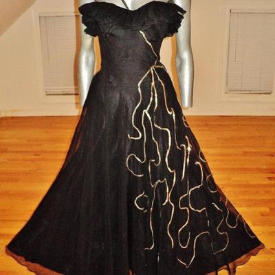 Vtg 1930's voile ruffled ball gown single strap sequins layers 