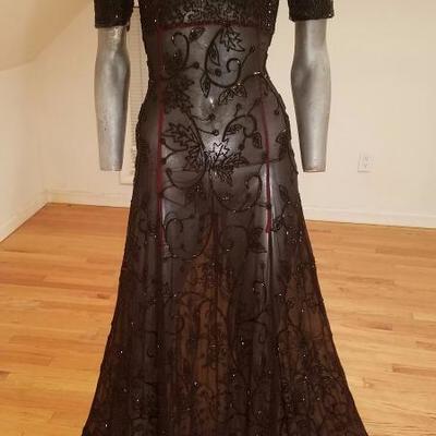 Vtg silk fully onyx beaded Regency layering gown full fluid