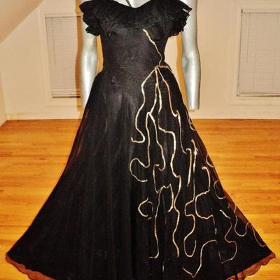 Vtg 1930's voile ruffled ball gown single strap sequins layers 