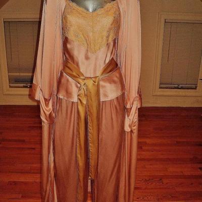 Vintage silk peignoir set coat pant camisole/antique lace sash belt