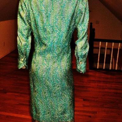 Vtg 1960's Metallic brocade cost dress aqua with gold rhinestone buttons