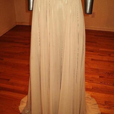 Vtg Terani Couture strapless gold embellished maxi trumpet pleted gown