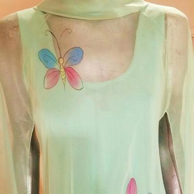 Vtg 1960's Chiffon maxi hand painted gown full opera shawl  fluid cover green/