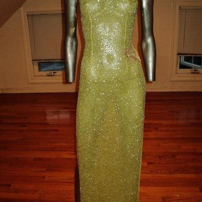 Vintage single shoulder heavily beaded silk gown caged back 