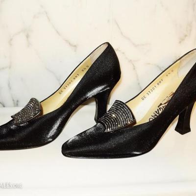 Salvatore Ferragamo High heel leather silk shoes Swarovski crystal buckle