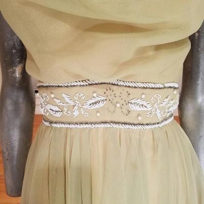 Vtg 1950's chiffon cocktail dress hand beaded belt sash fluid 