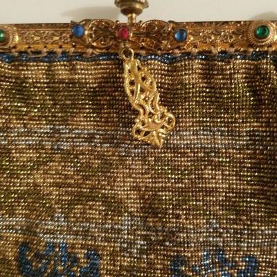 Antique Edwardian French Jeweled micro beaded gilded bag w/ fringes