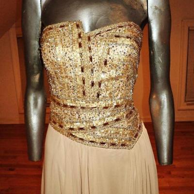 Vtg Terani Couture strapless gold embellished maxi trumpet pleted gown