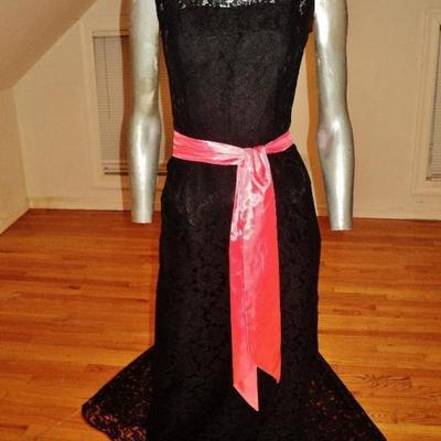 Vtg French lace 1950's Cocktail maxi gown cerise sash belt