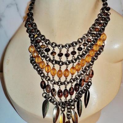 Vtg ethnic brass metal waterfall necklace tiger eye  beads shells