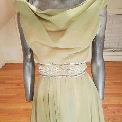 Vtg 1950's chiffon cocktail dress hand beaded belt sash fluid 