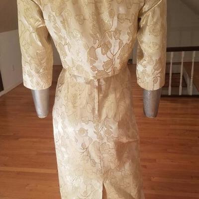 Vtg 1940's gold Brocade dress/jacket  ensemble large button metal zip