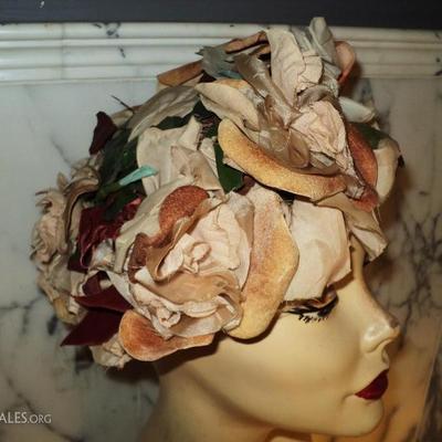 Vtg 1940's Toque hat Millinery silk/velour flowers satin lined