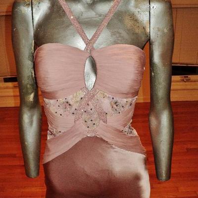 Vtg lavender silk couture halter gown shirred chiffon Train embellished